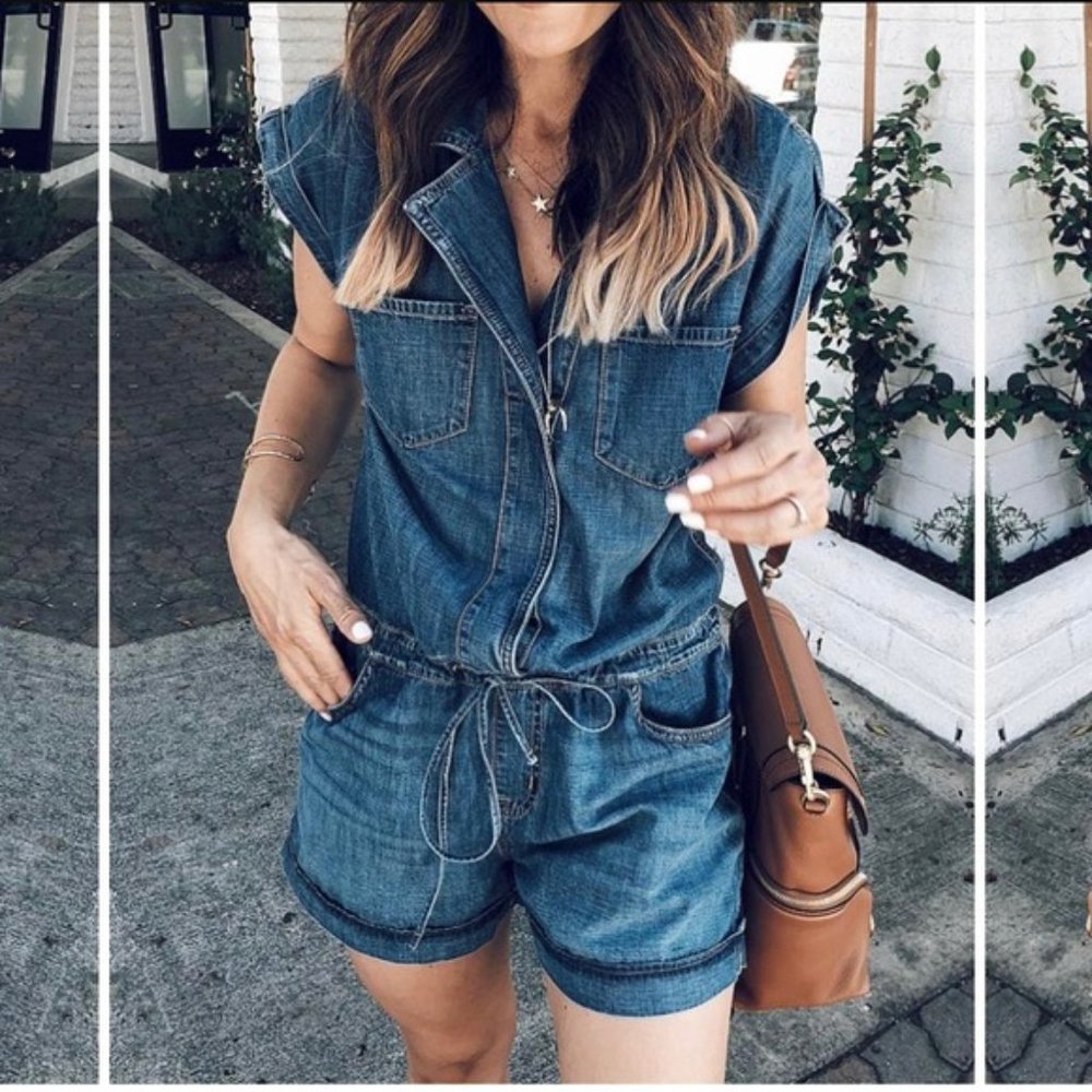 Spelesy Drawstring Waist Denim Romper
